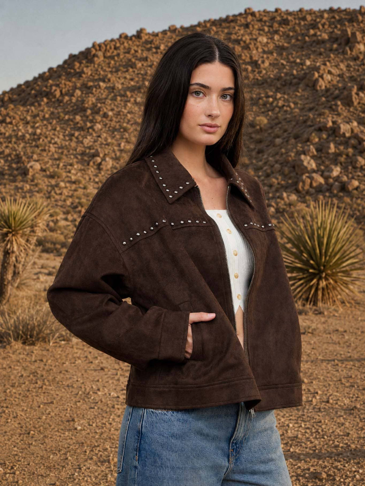 Studded Collared Zip-Up Suede-Look Jacket
