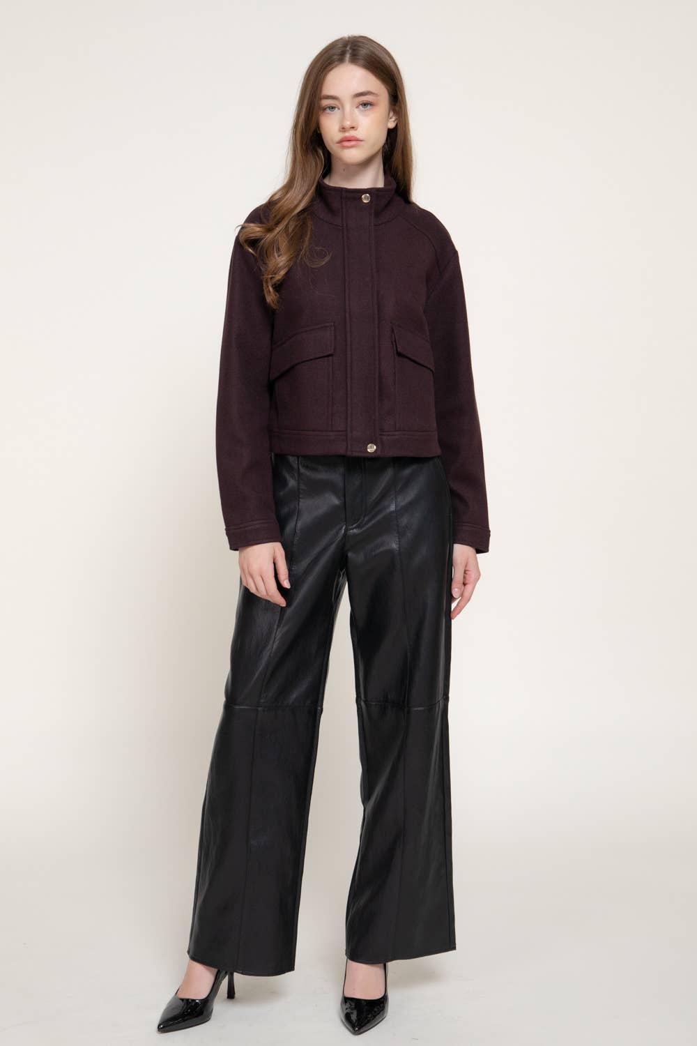 Maroon High-Neck Felt Jacket