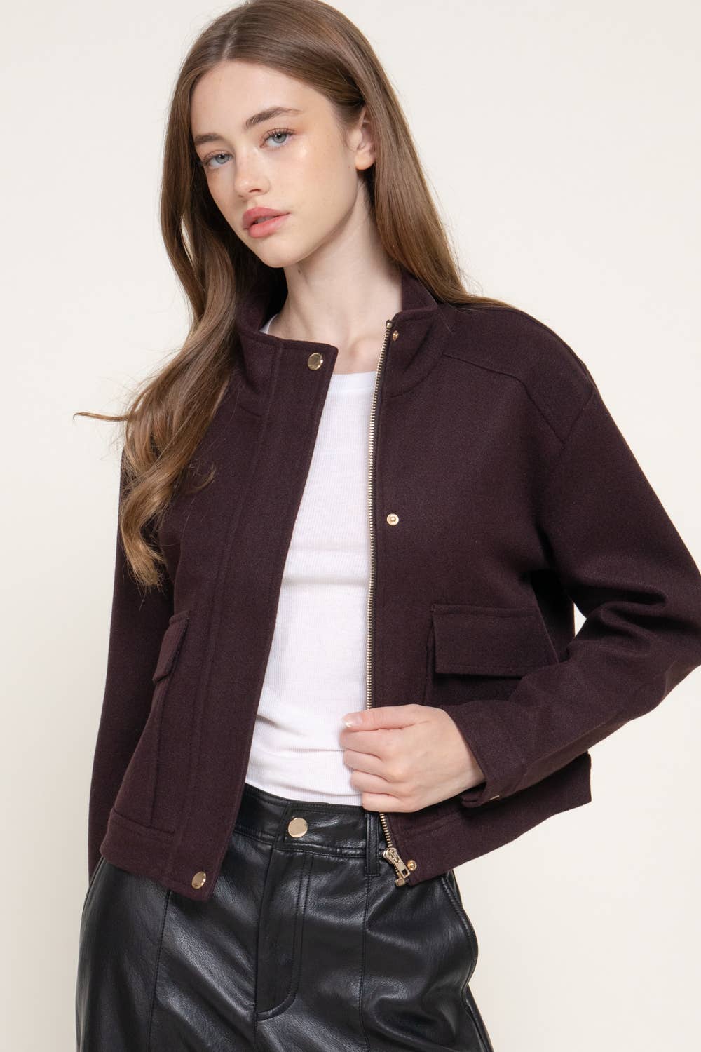 Maroon High-Neck Felt Jacket
