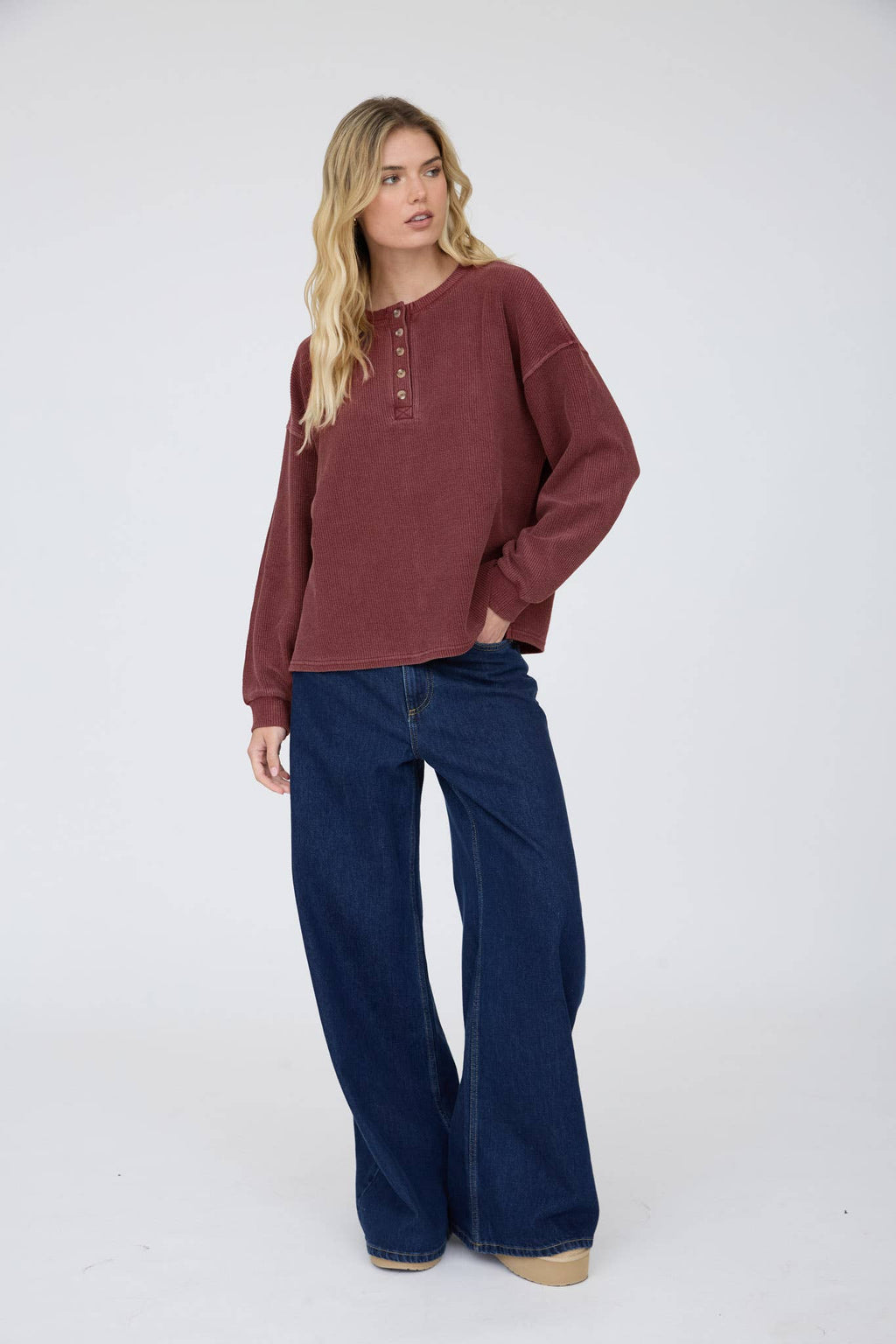 Henley Ribbed Washed Knit Top