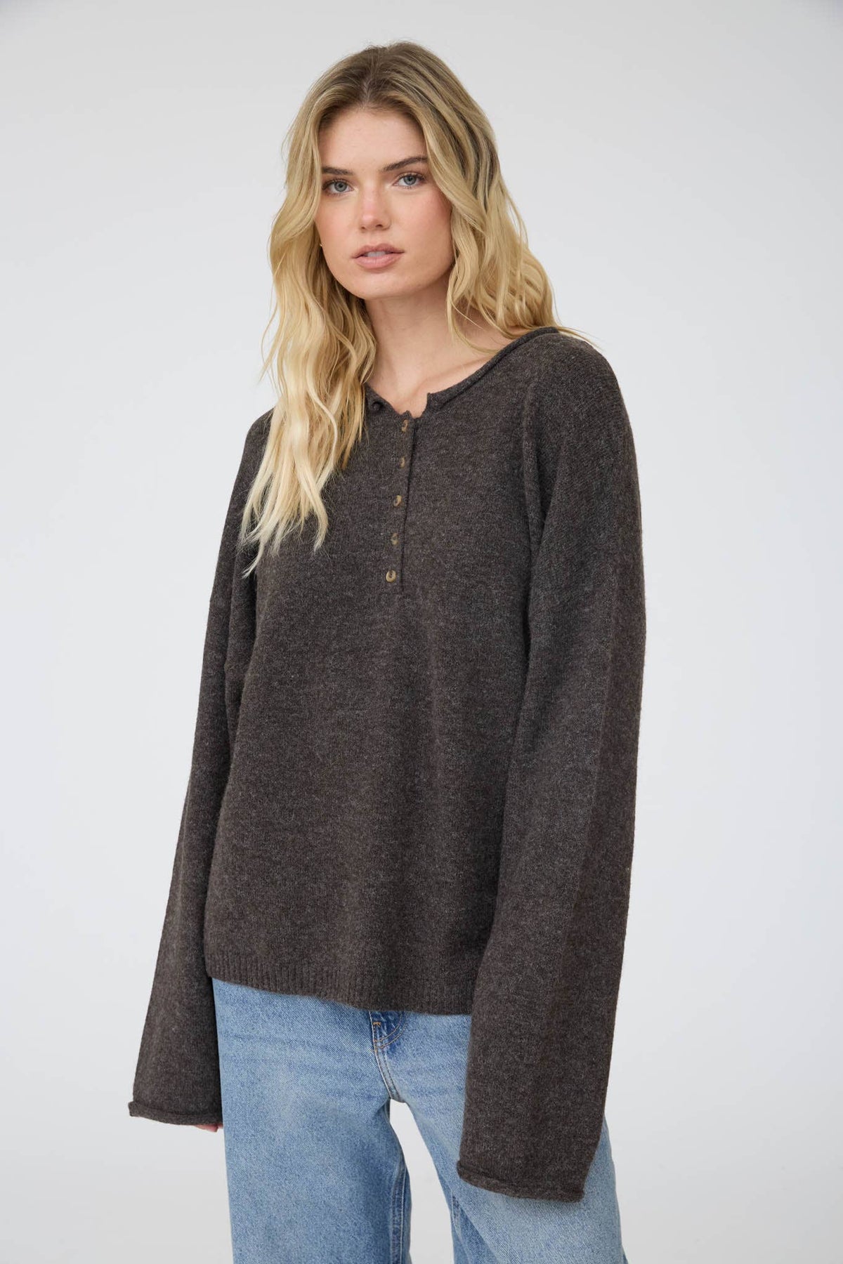 Rolled Edge Henley Pullover Sweater