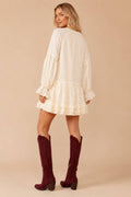 Floral Embroidered Long Sleeve Tassel Dress
