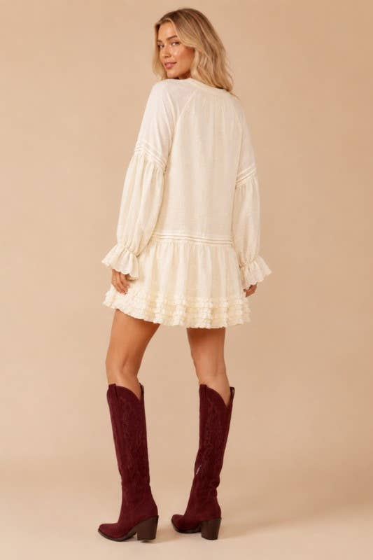 Floral Embroidered Long Sleeve Tassel Dress