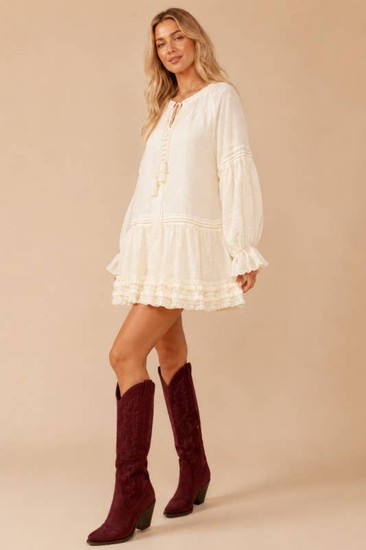 Floral Embroidered Long Sleeve Tassel Dress