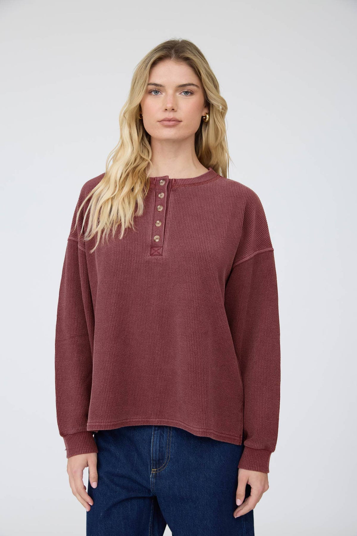 Henley Ribbed Washed Knit Top