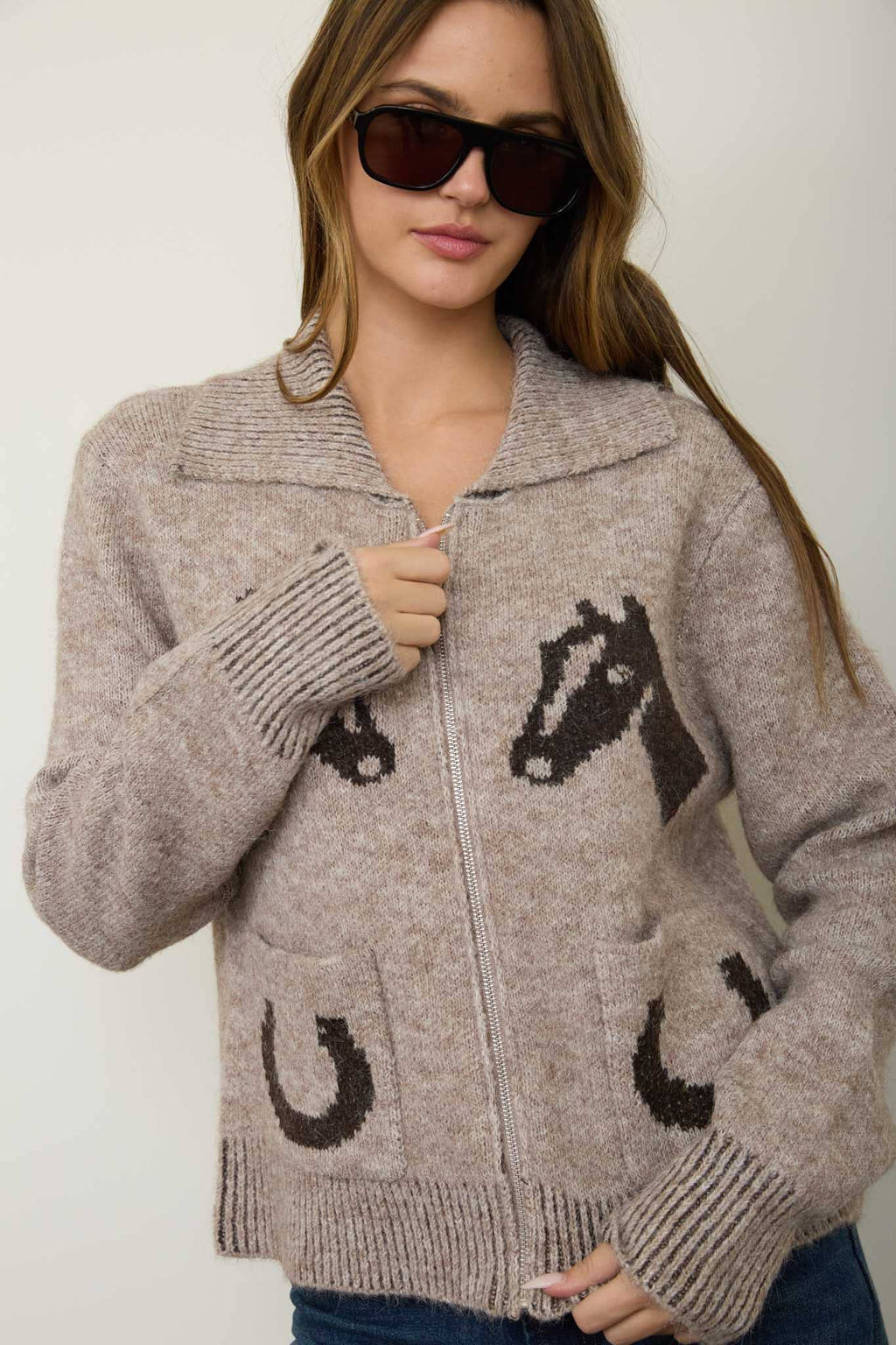 Western Jacquard Collared Zip-Up Knit Cardigan