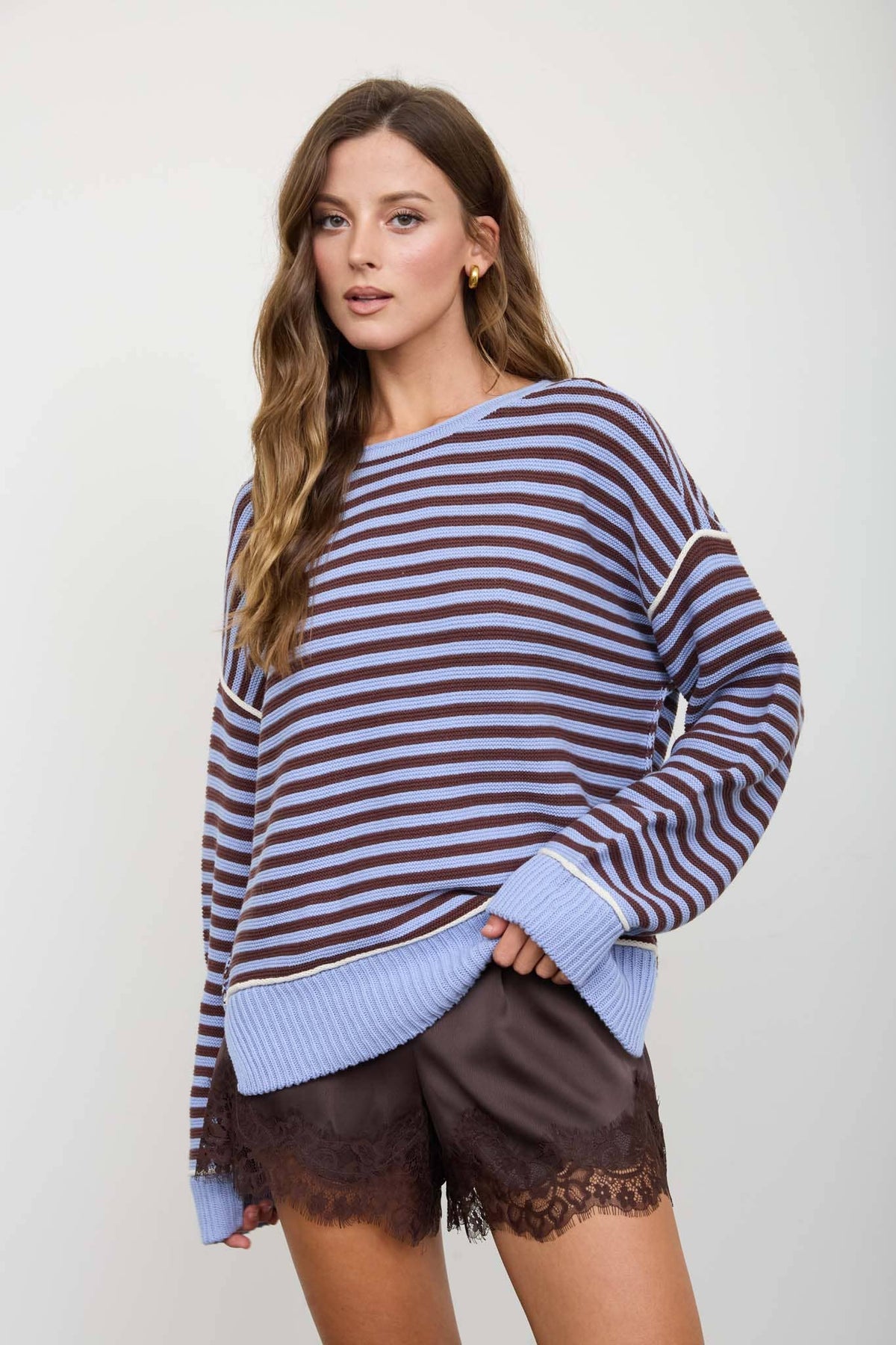 Striped Contrast-Stitch Raw-Edge Knit Sweater