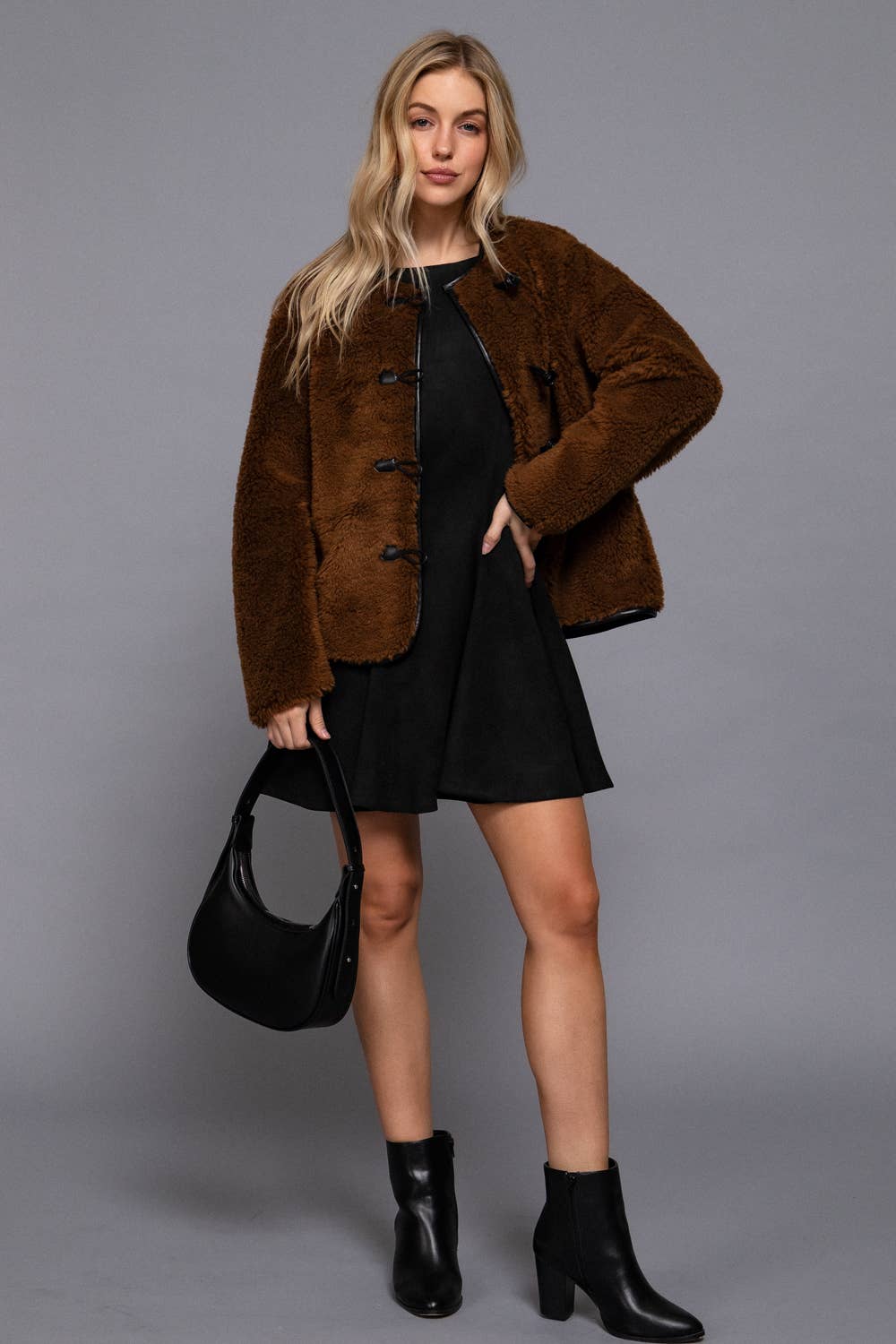 Brown Faux Fur Toggle-Style Jacket