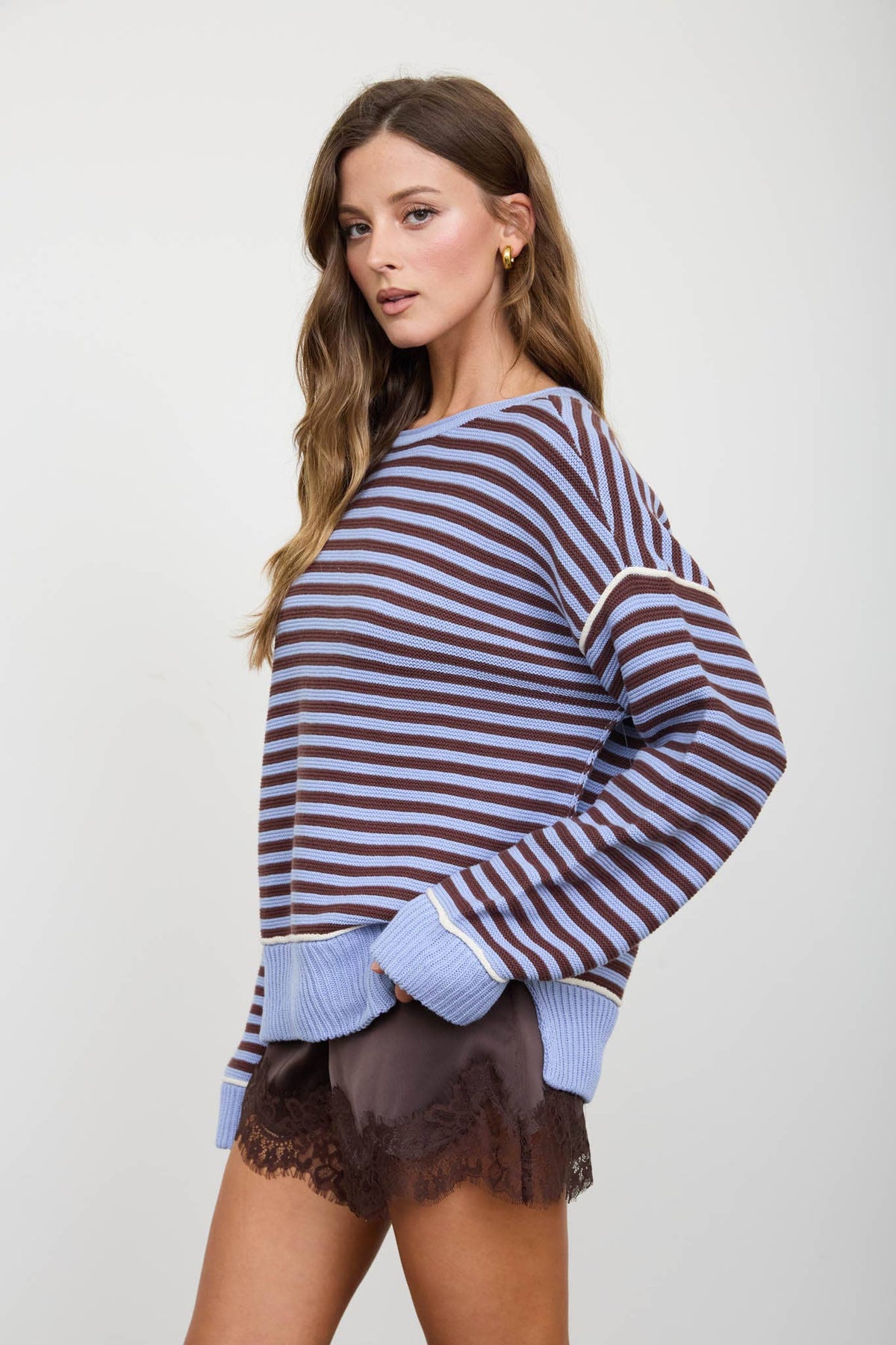 Striped Contrast-Stitch Raw-Edge Knit Sweater