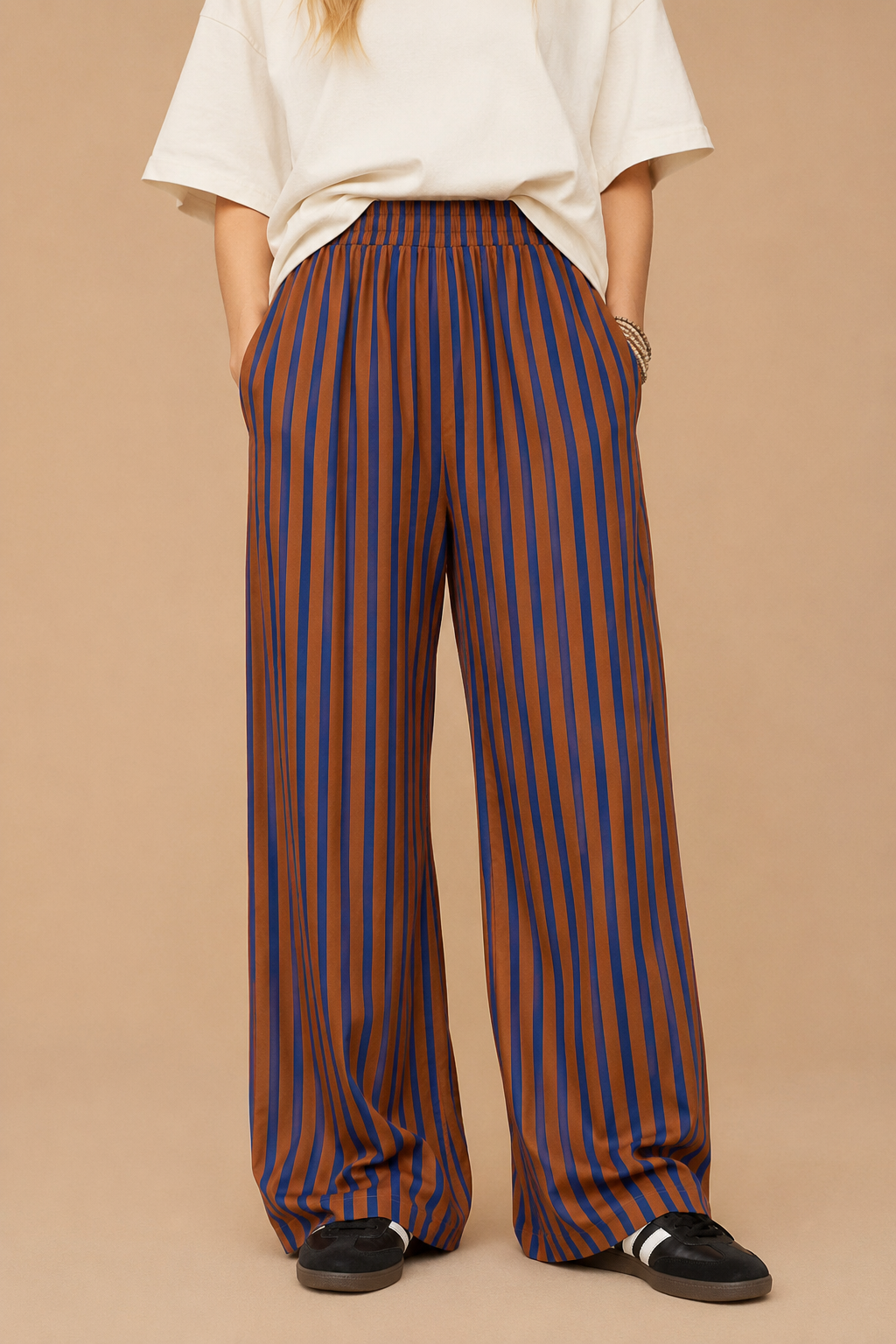 Blue & Cognac Striped Wide-Leg Pants
