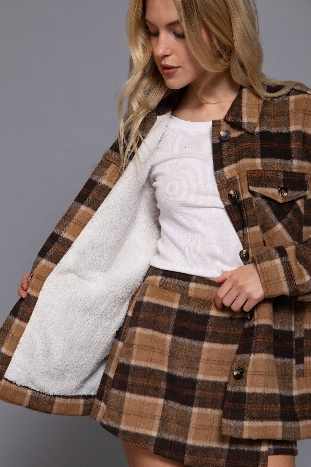 Faux Fur-Lined Brushed Plaid Jacket