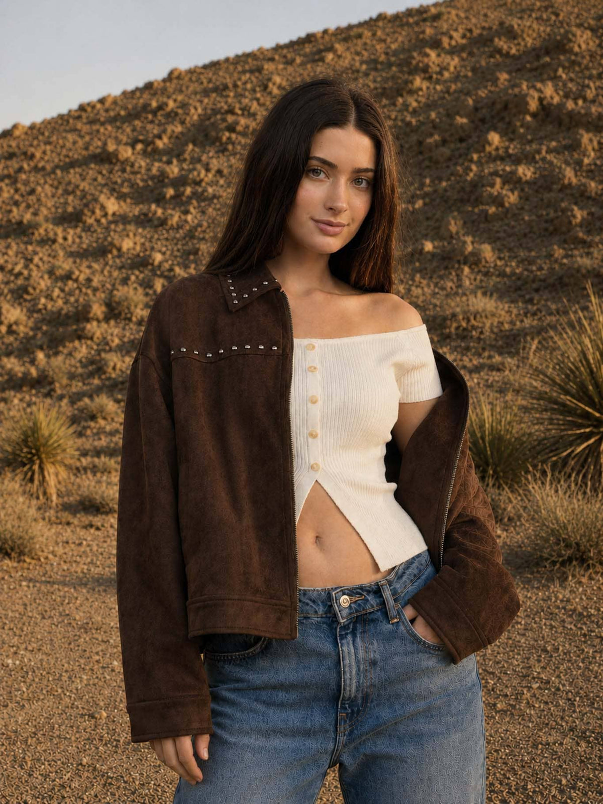 Studded Collared Zip-Up Suede-Look Jacket