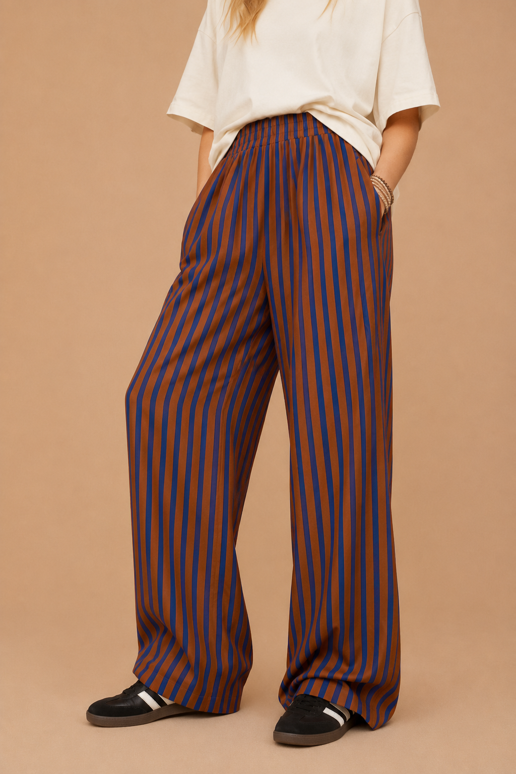 Blue & Cognac Striped Wide-Leg Pants