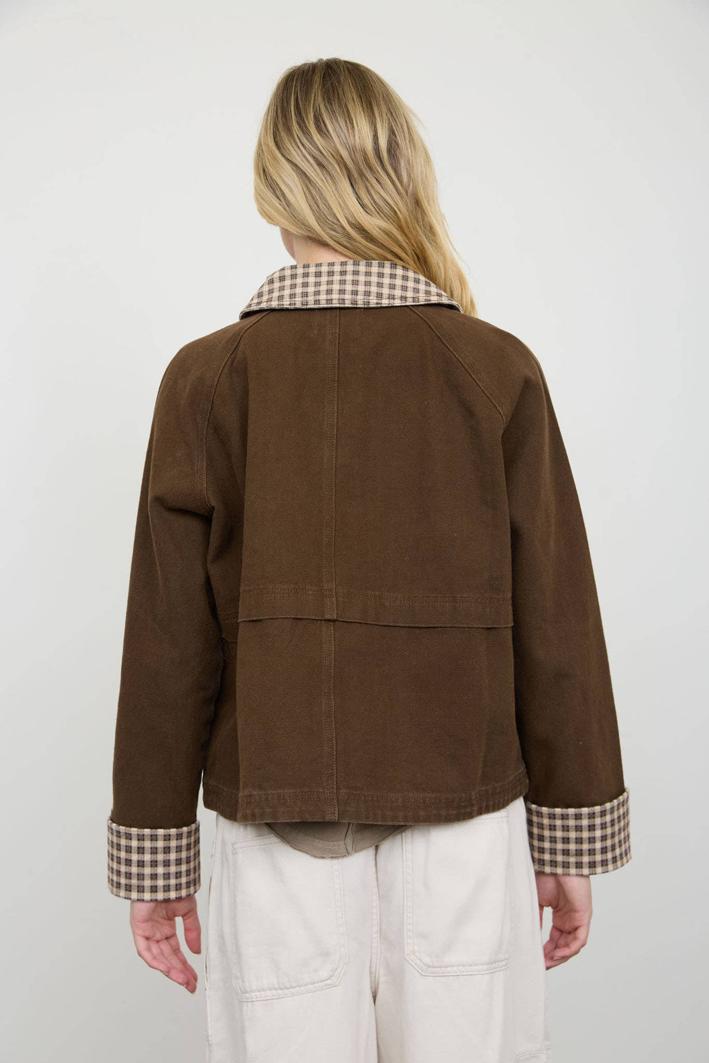 Gingham-Trim Cropped Cotton Jacket