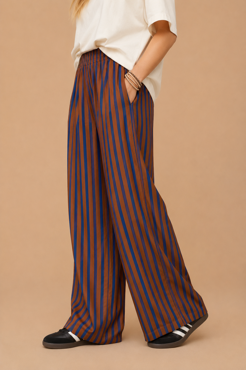Blue & Cognac Striped Wide-Leg Pants
