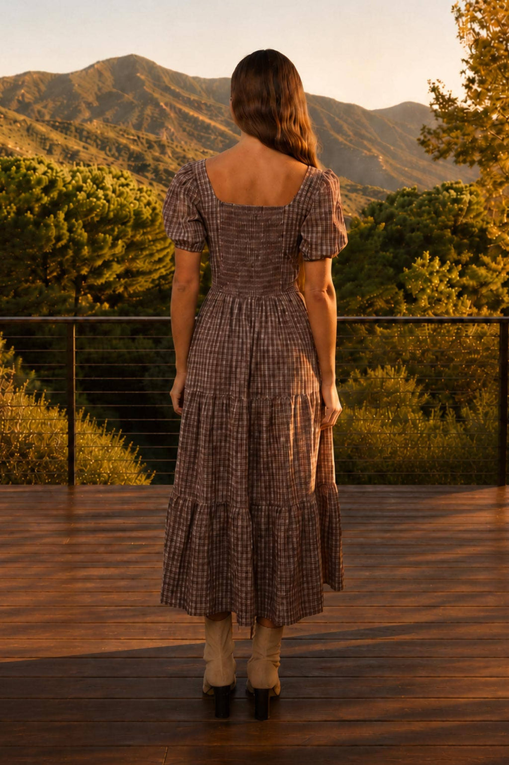 Plaid Puff Sleeve Corset Detail Midi Dress