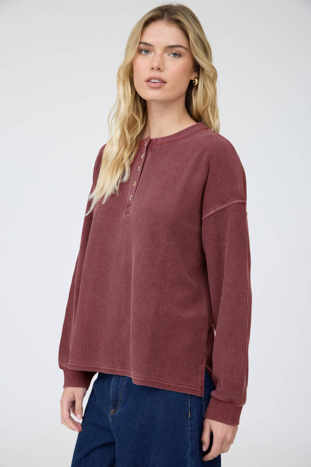 Henley Ribbed Washed Knit Top