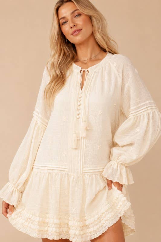 Floral Embroidered Long Sleeve Tassel Dress