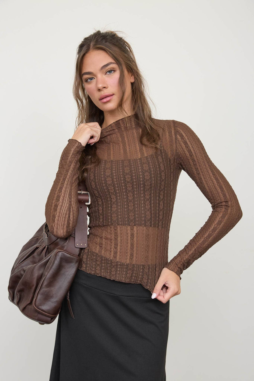 Sheer Lace Stripe Mock Neck Top
