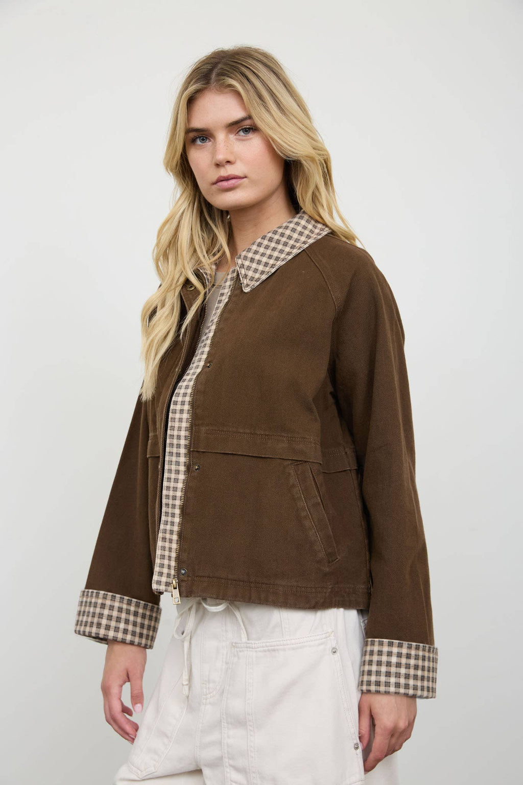 Gingham-Trim Cropped Cotton Jacket