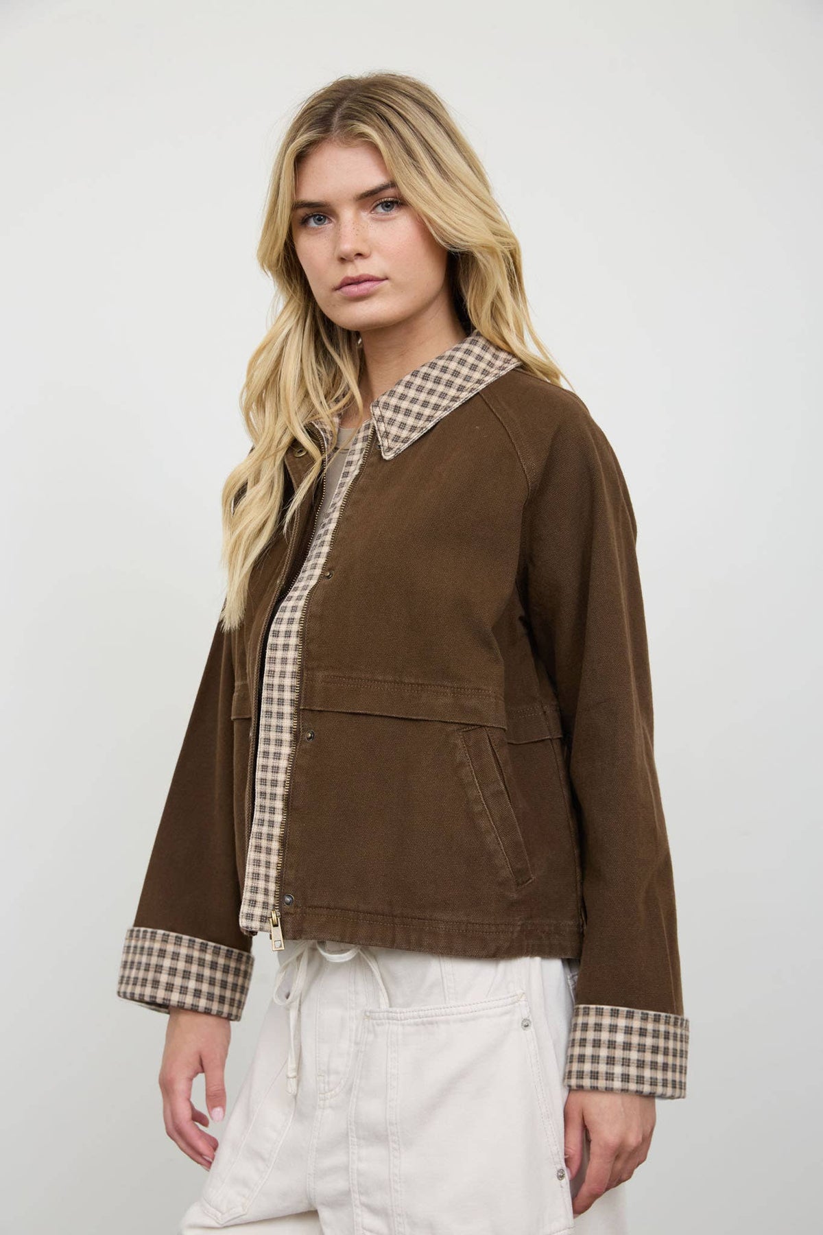 Gingham-Trim Cropped Cotton Jacket
