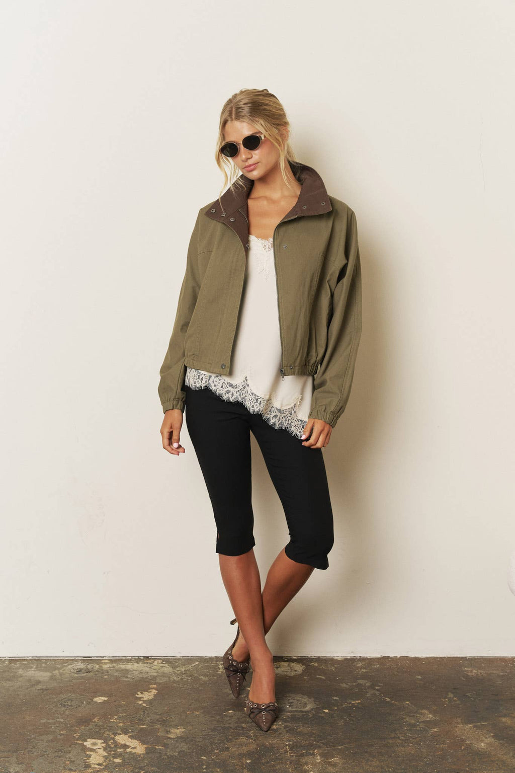 Contrast-Collar Boxy Bomber Jacket