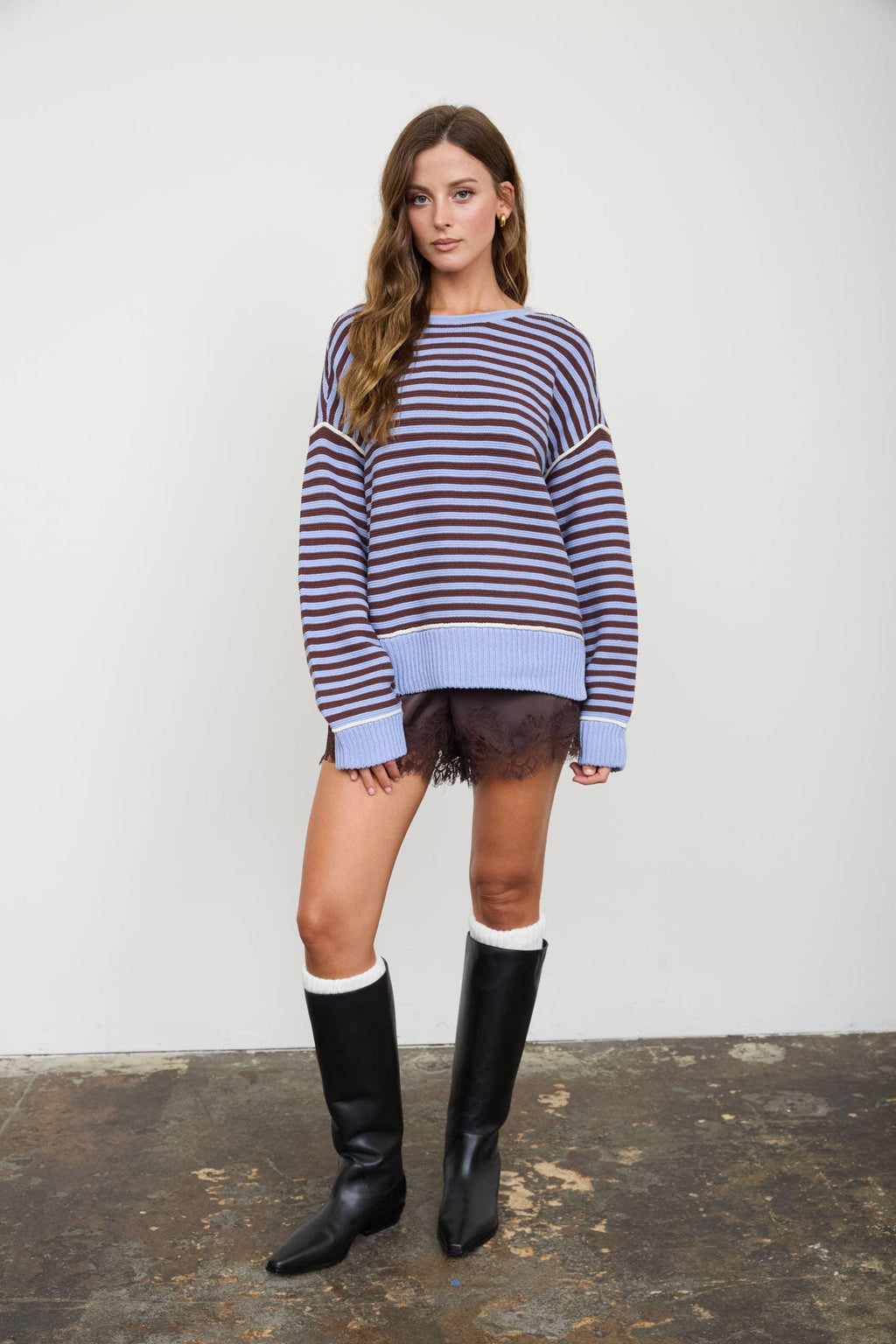 Striped Contrast-Stitch Raw-Edge Knit Sweater