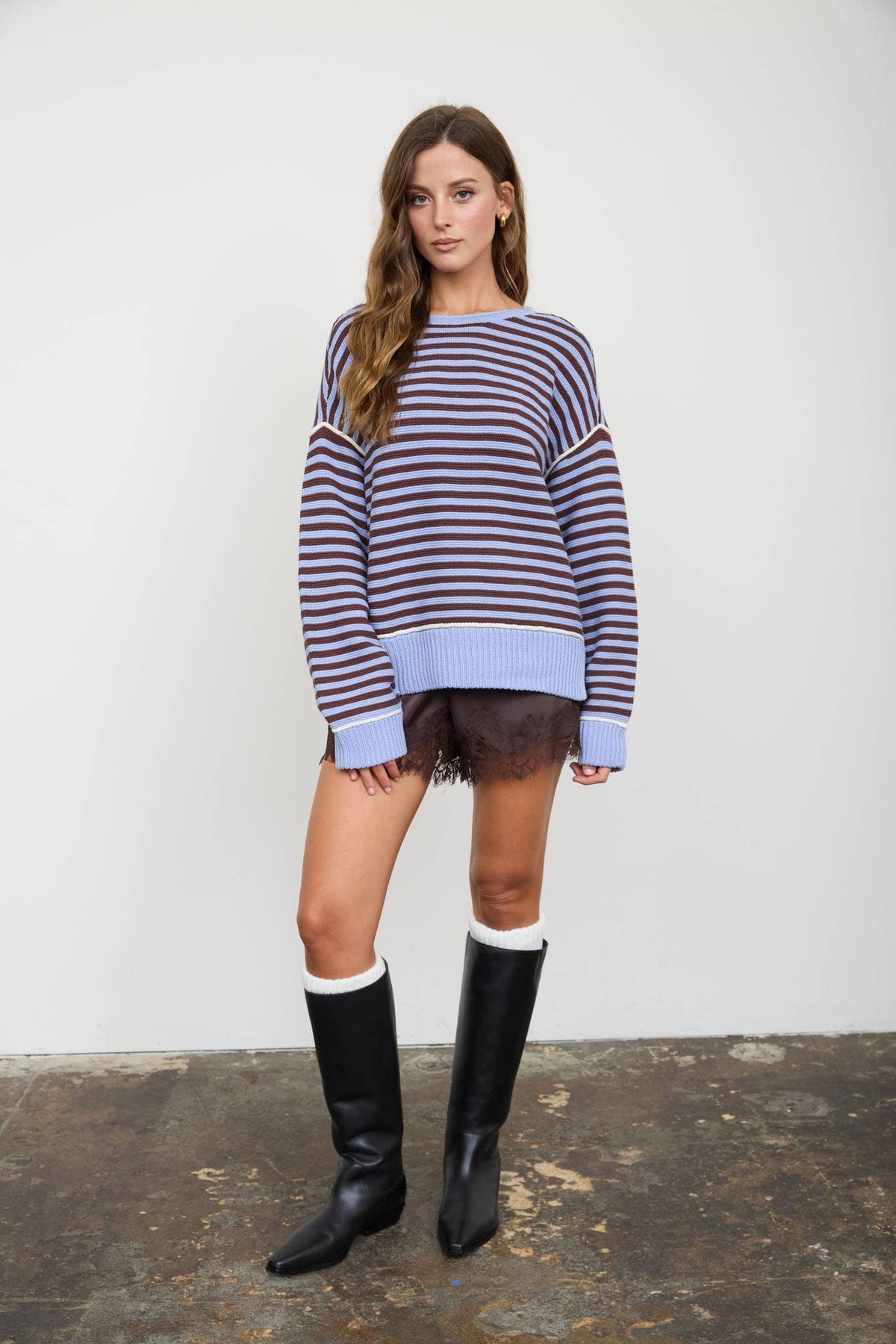 Striped Contrast-Stitch Raw-Edge Knit Sweater