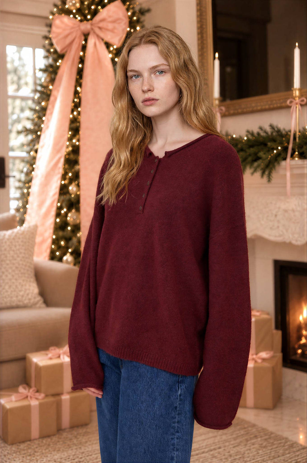 Rolled Edge Henley Pullover Sweater
