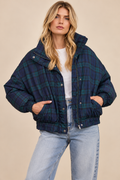 Plaid Snap-Front Mock Neck Puffer Jacket