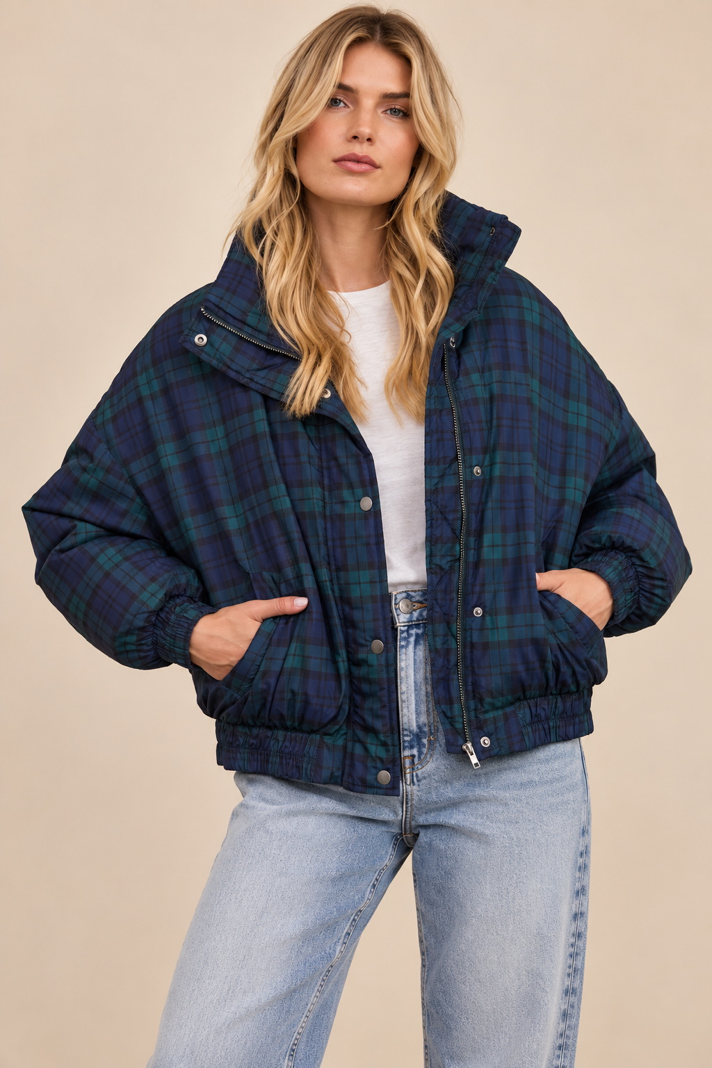 Plaid Snap-Front Mock Neck Puffer Jacket