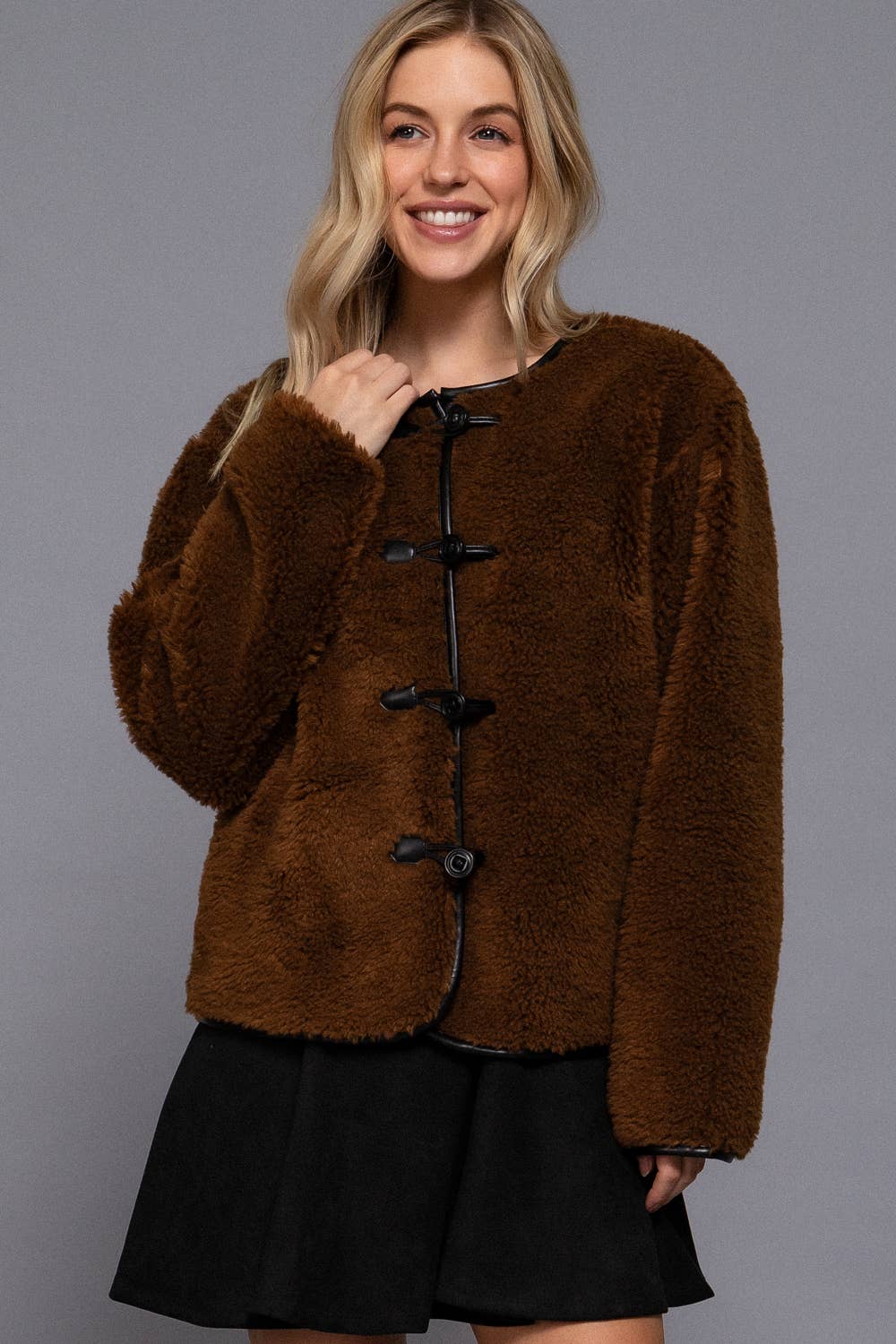 Brown Faux Fur Toggle-Style Jacket