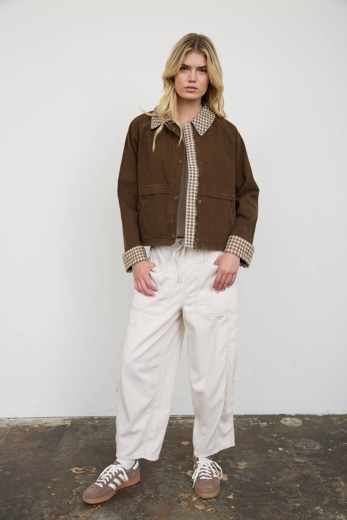 Gingham-Trim Cropped Cotton Jacket