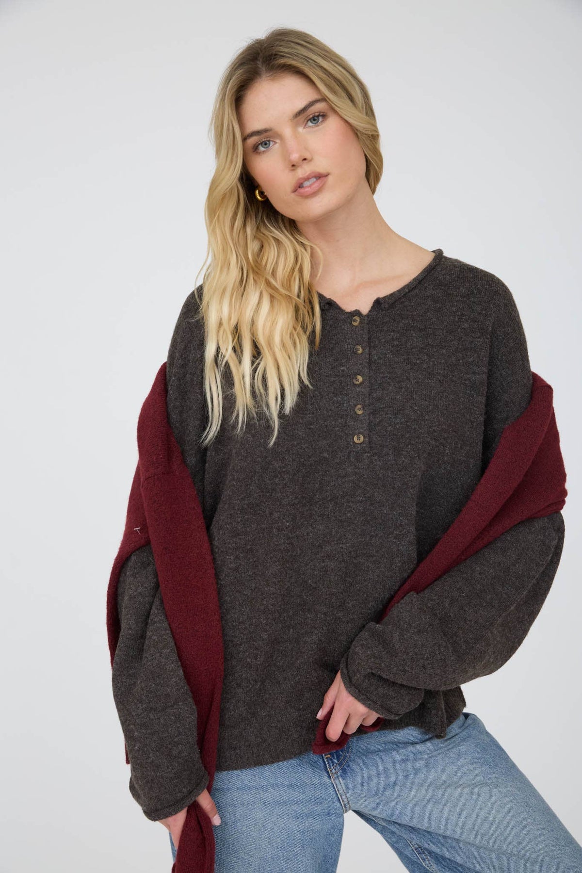 Rolled Edge Henley Pullover Sweater