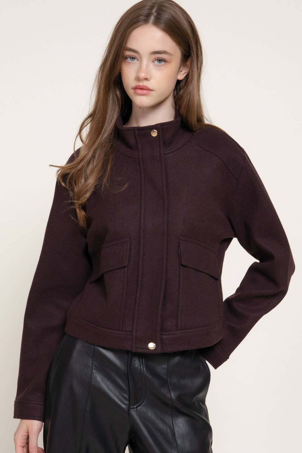 Maroon High-Neck Felt Jacket