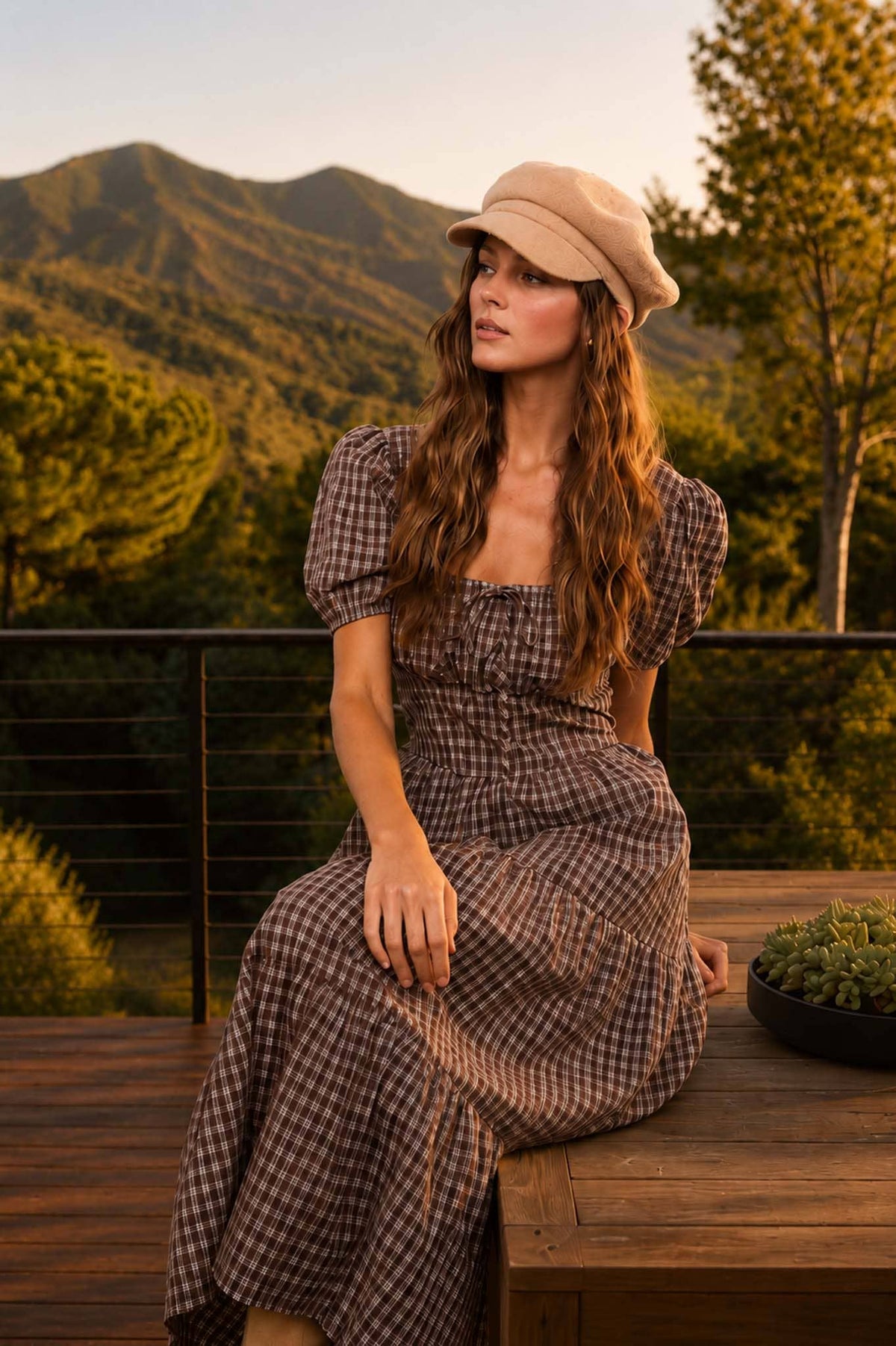 Plaid Puff Sleeve Corset Detail Midi Dress