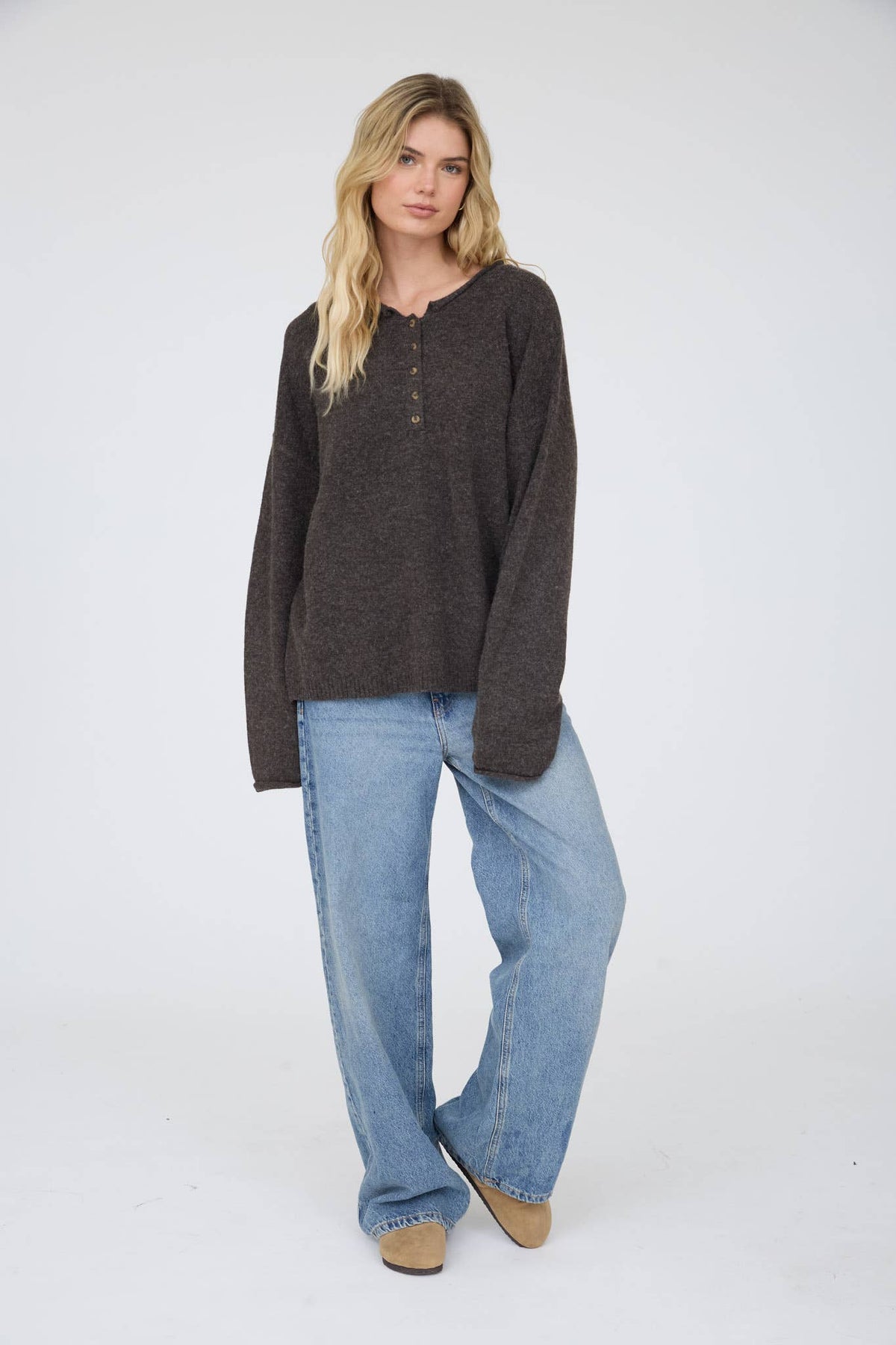 Rolled Edge Henley Pullover Sweater