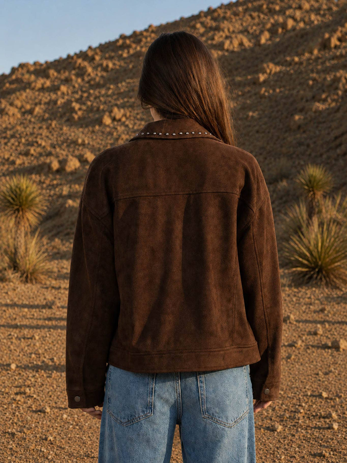 Studded Collared Zip-Up Suede-Look Jacket