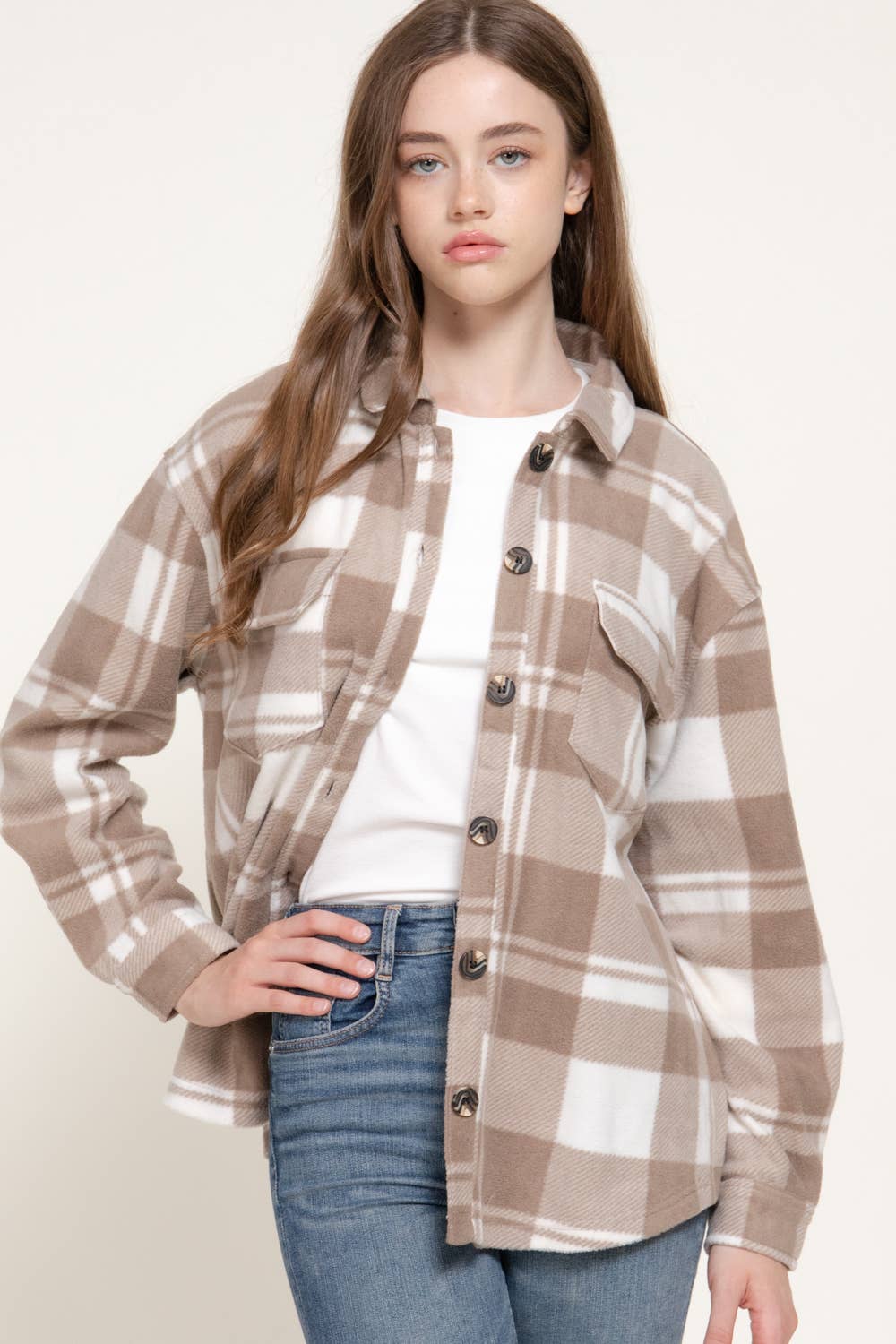 Ivory Plaid Fleece Shacket