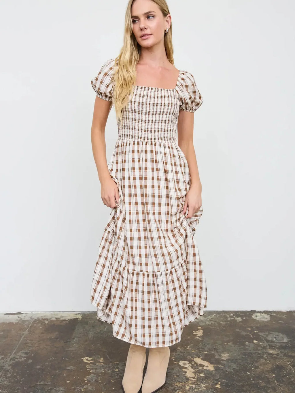 Plaid Smocked Puff Sleeve Tiered Midi Dress