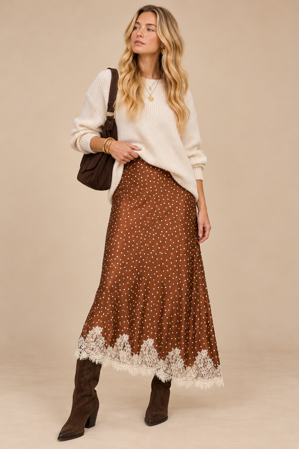 Lace Trim Polka Dot Midi Skirt