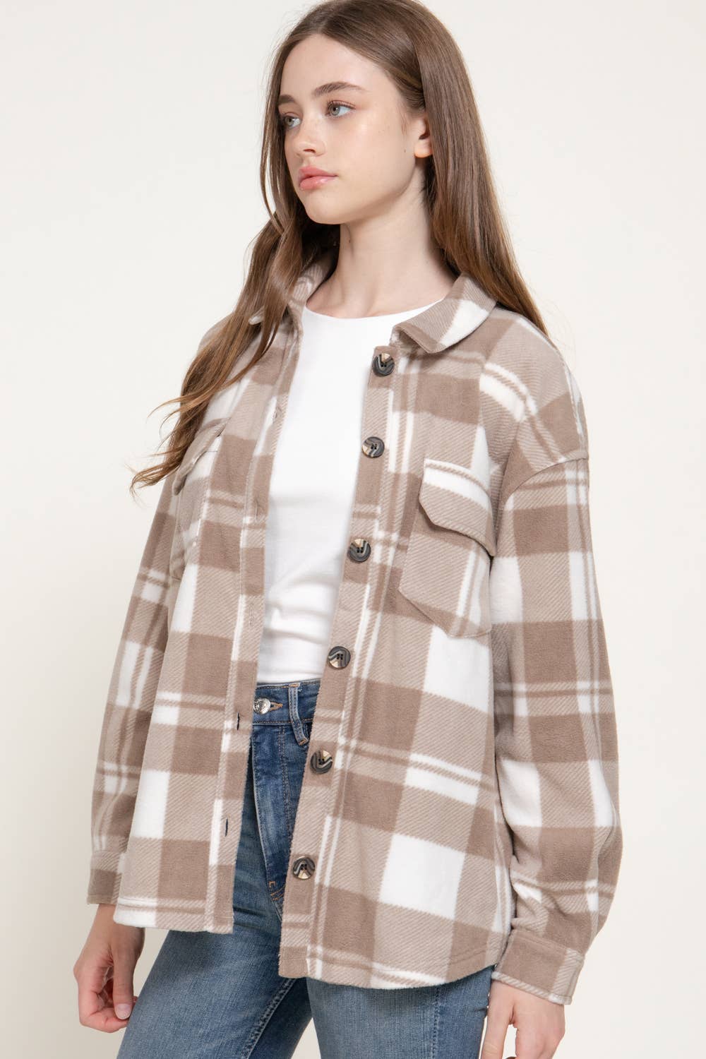 Ivory Plaid Fleece Shacket
