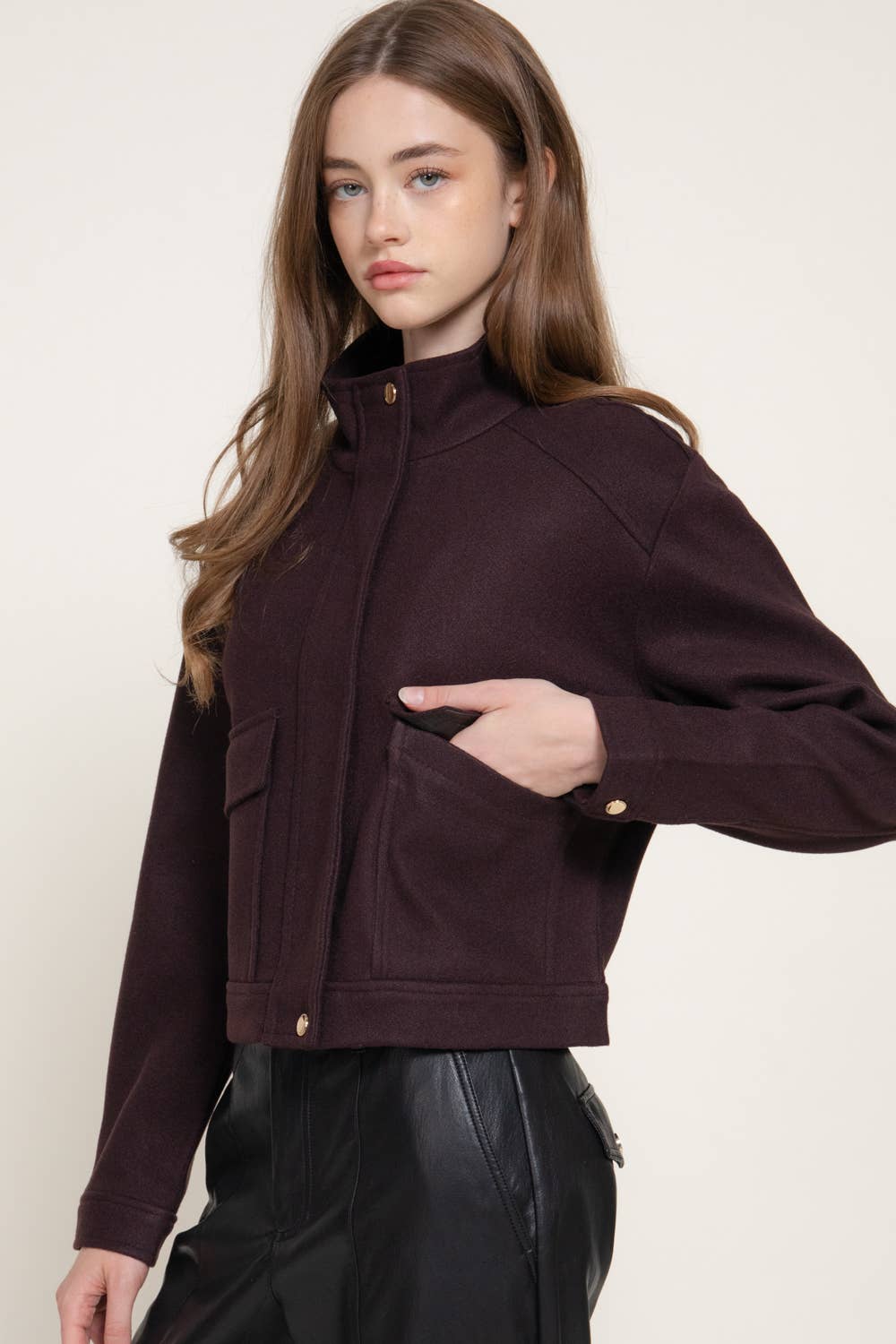 Maroon High-Neck Felt Jacket