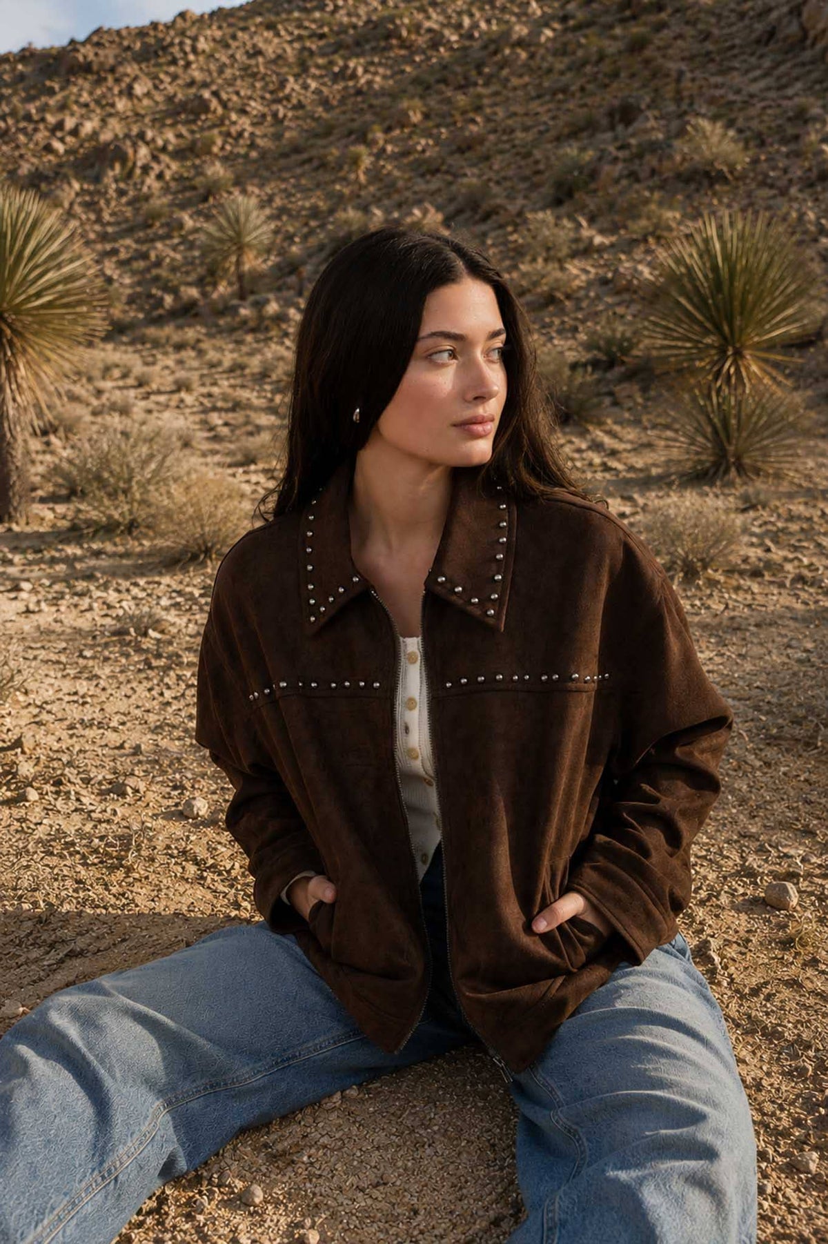 Studded Collared Zip-Up Suede-Look Jacket