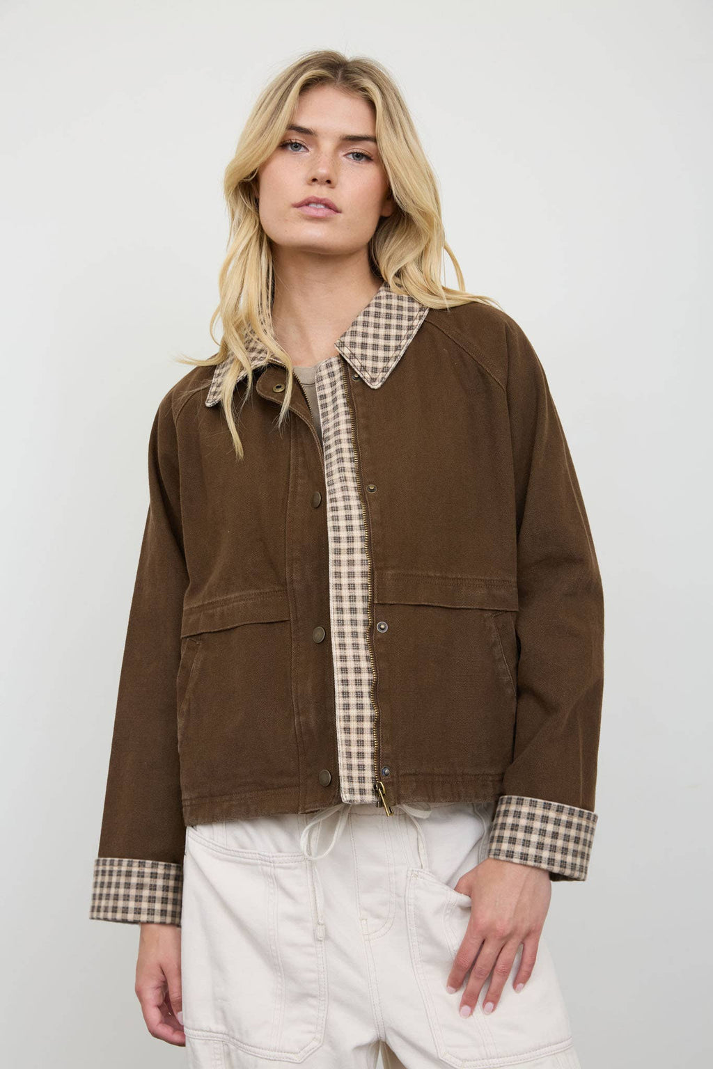 Gingham-Trim Cropped Cotton Jacket