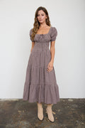 Plaid Puff Sleeve Corset Detail Midi Dress