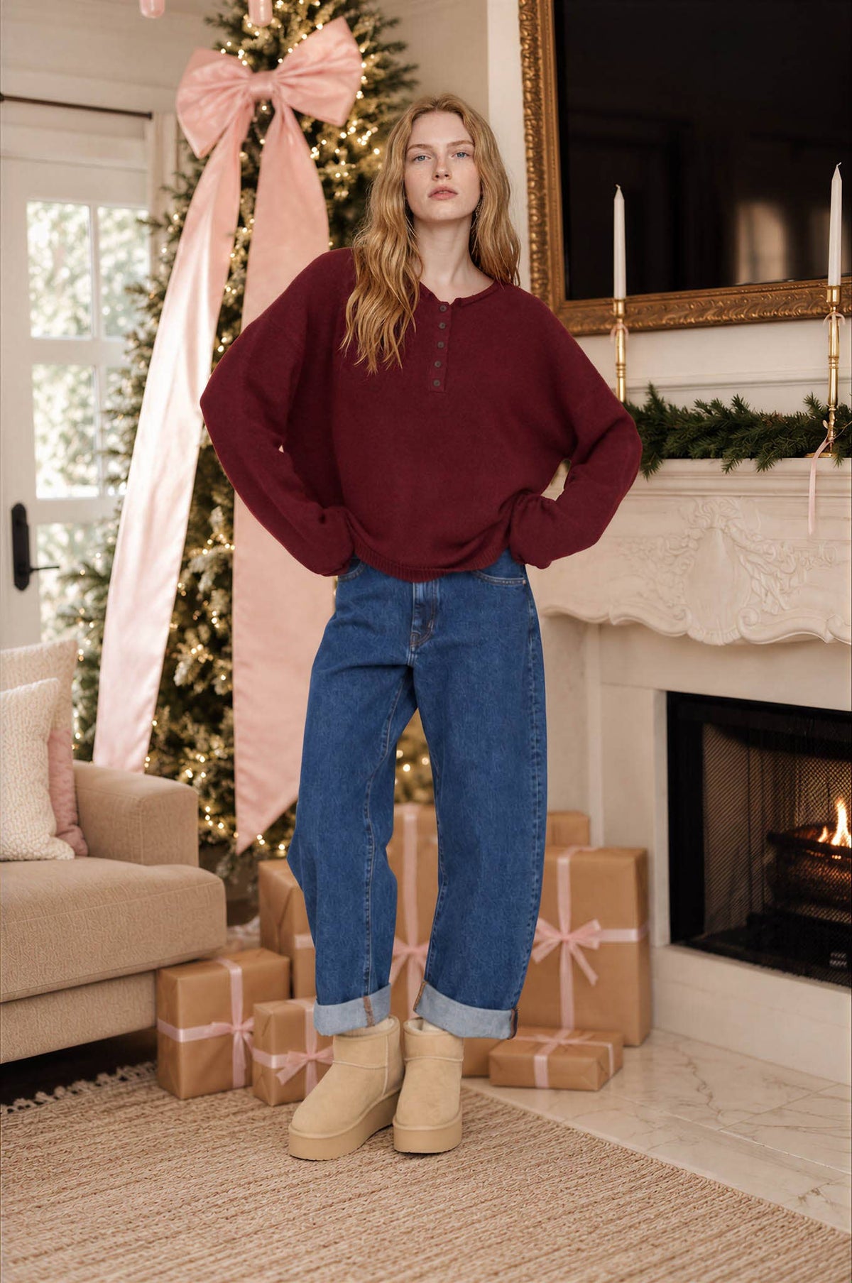 Rolled Edge Henley Pullover Sweater