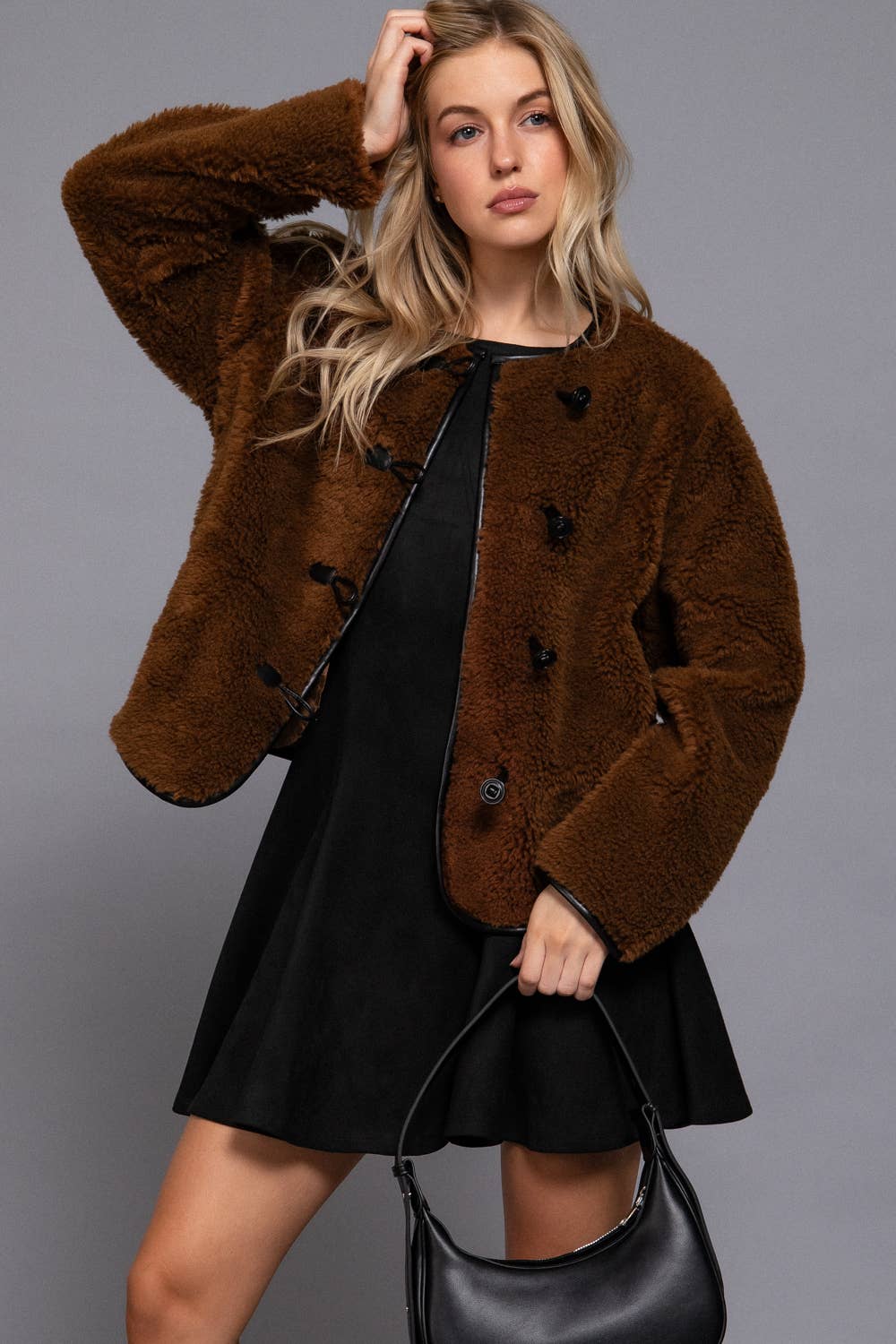 Brown Faux Fur Toggle-Style Jacket