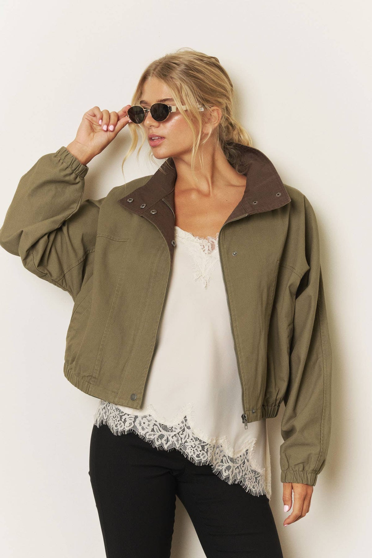 Contrast-Collar Boxy Bomber Jacket