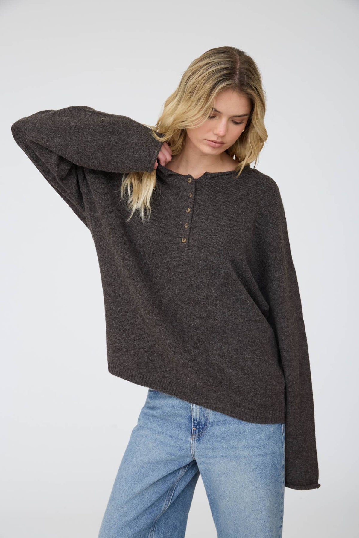 Rolled Edge Henley Pullover Sweater